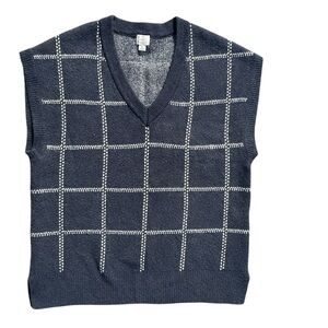 A New Day Sweater Vest Large Charcoal Blue Sleeveless Knit Relaxed Fit Grid